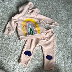 Pink Hoodie and Pants Set with Rainbow and Cloud Design
